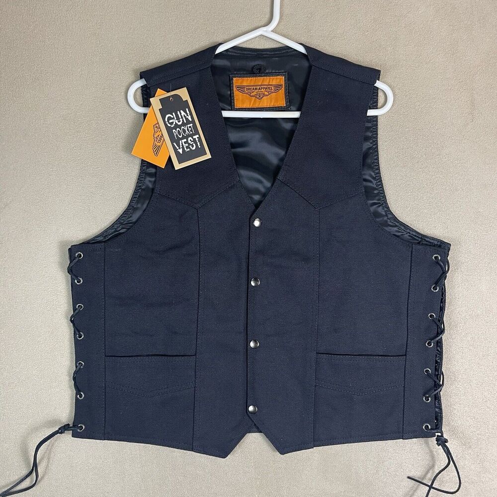 Dream Apparel Vest Size 48 Black Biker Gun Pocket‎ Snap Heavyweight Adult
